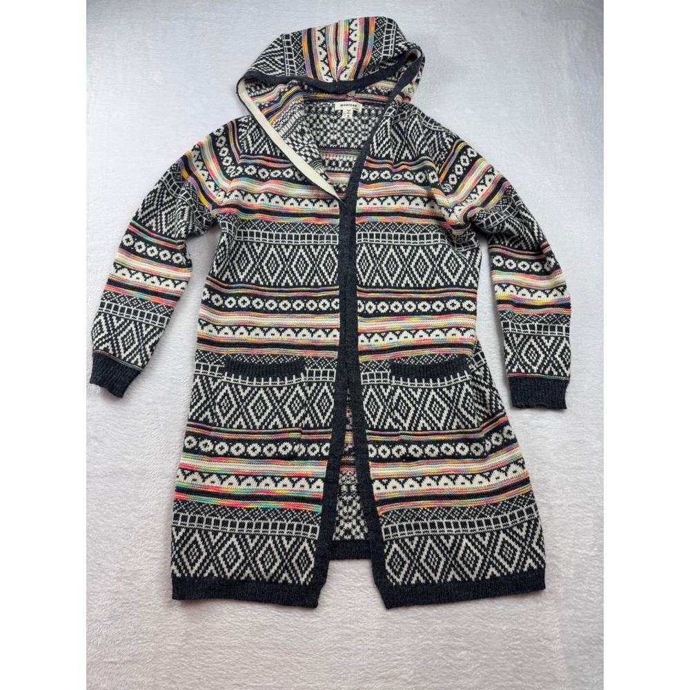 Monteau Los Angeles Hooded Cardigan Sweater Fair Isle‎ Geometric Multi Color Med
